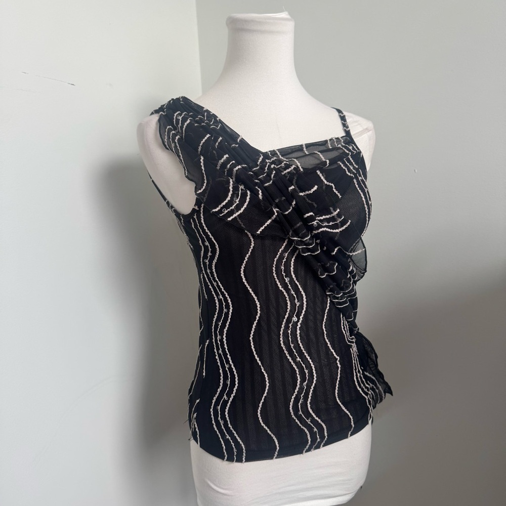Y2K Ruched Mesh Top — Asymmetrical Drape & Sheer Waves sequins sparkly XS/S goth - Picture 8 of 8